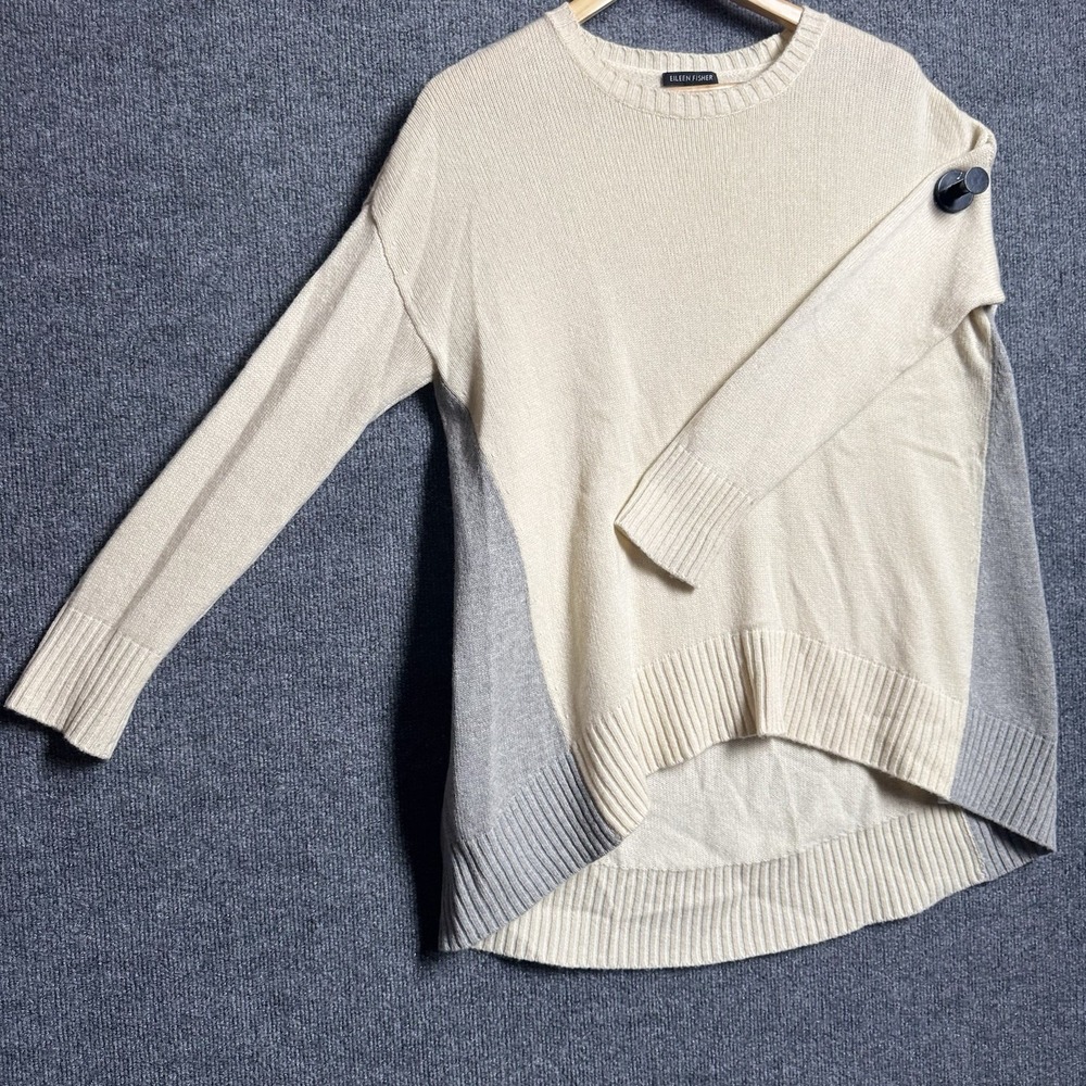 Eileen Fisher XXS XS Cream Gray Colorblock High Low Sweater Tunic Quiet Luxury - Picture 9 of 13